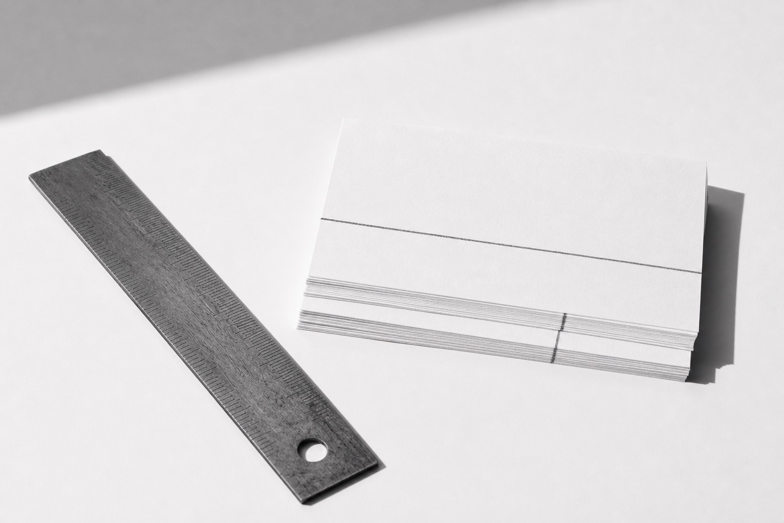 A steel ruler beside stacked index cards crossed by a single pencil line