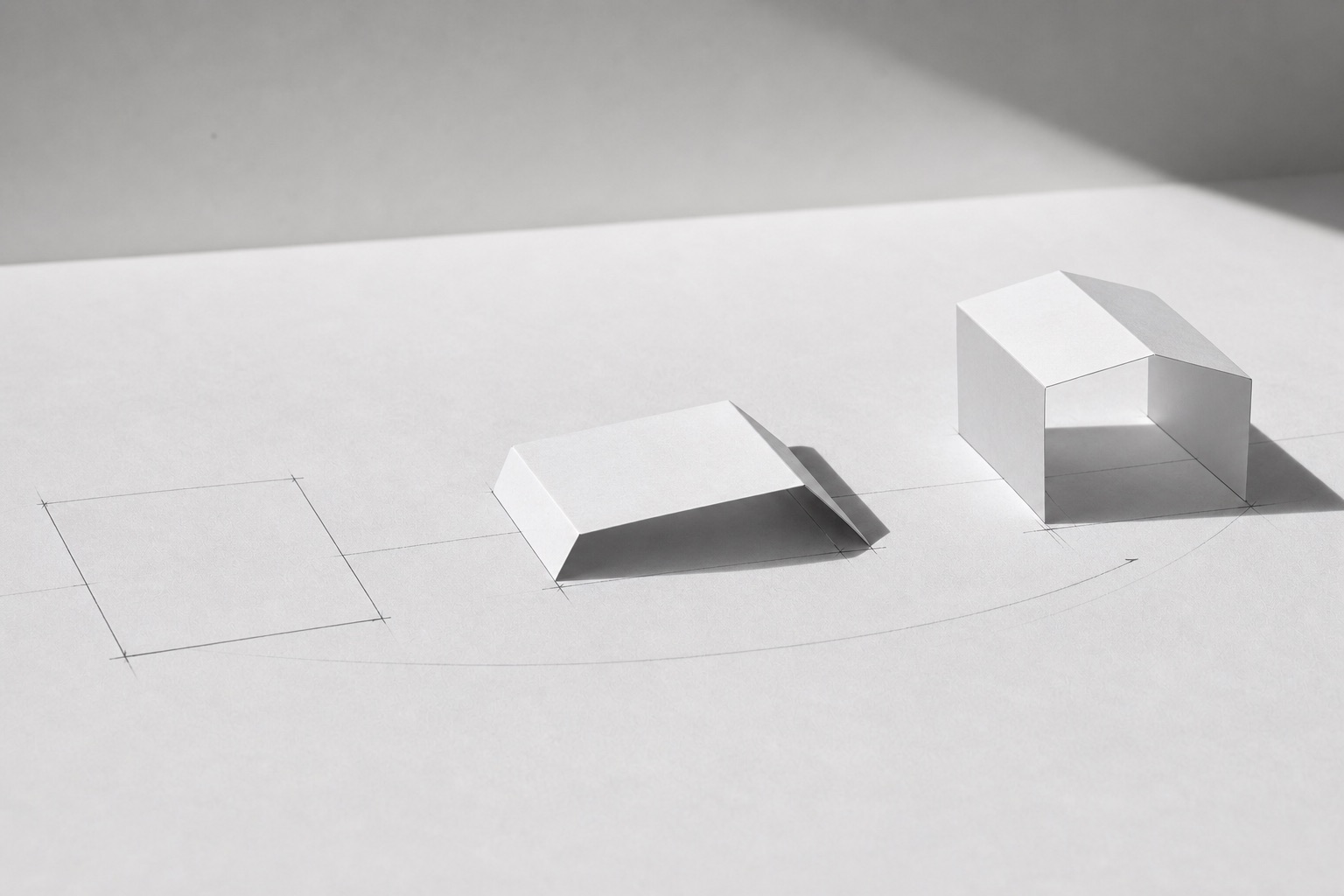 Three white paper forms progressing from a flat outline to a complete open structure