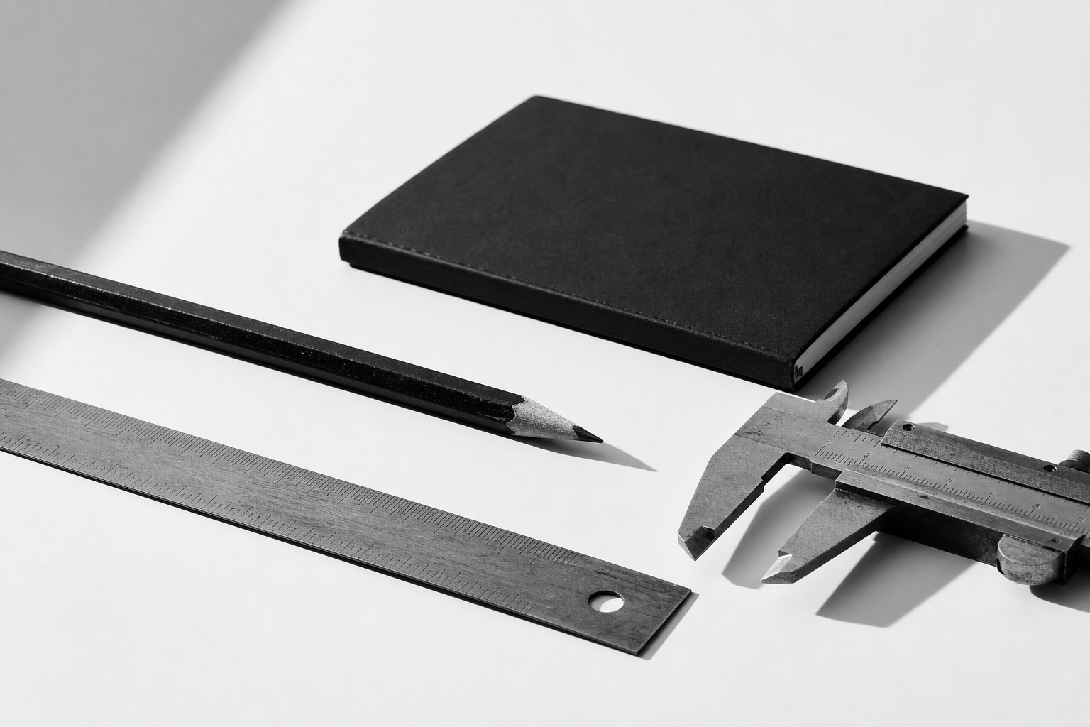 A black notebook, pencil, ruler, and calipers arranged on a white surface