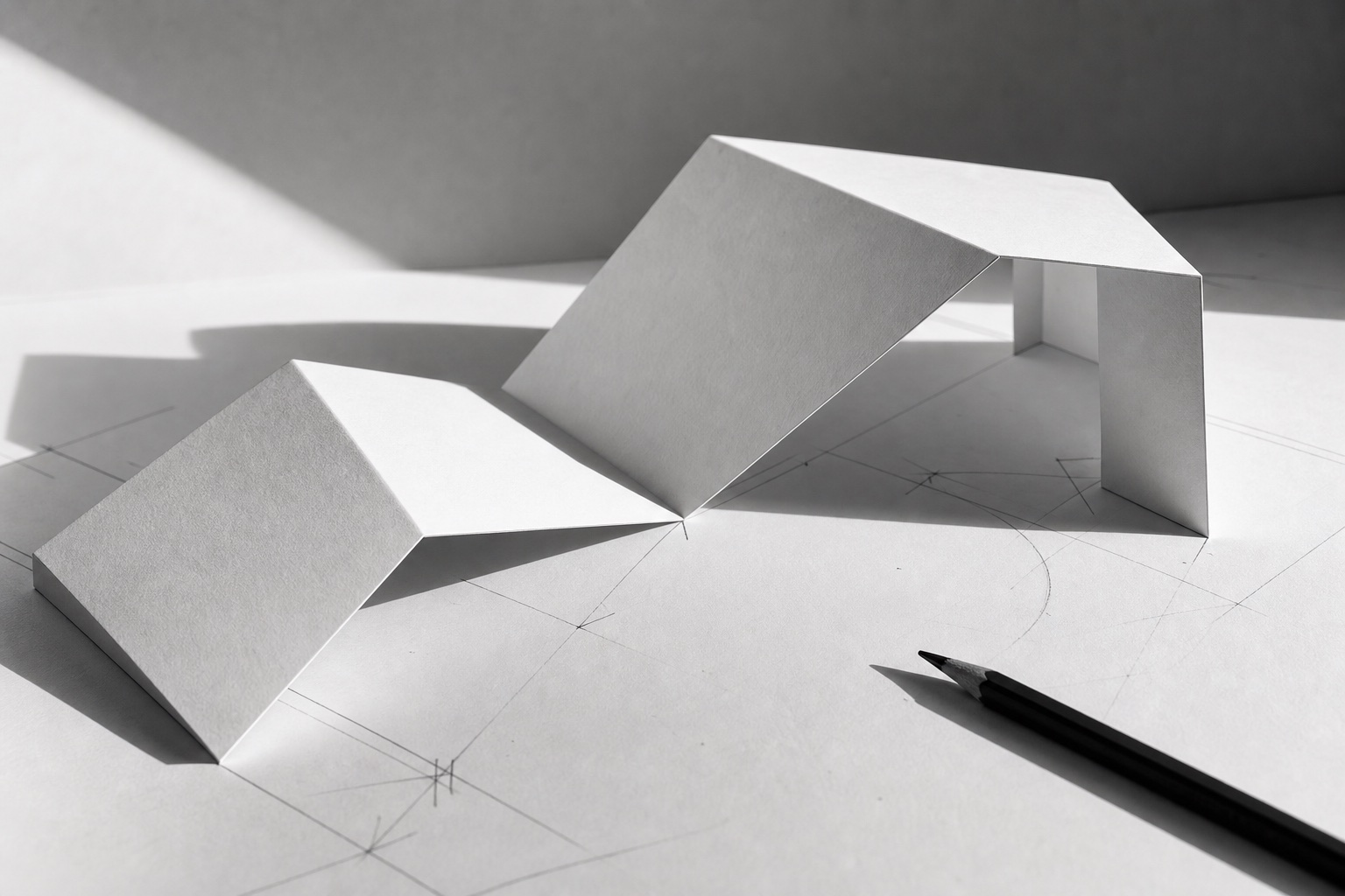 A folded paper structure and pencil on an architectural sketch